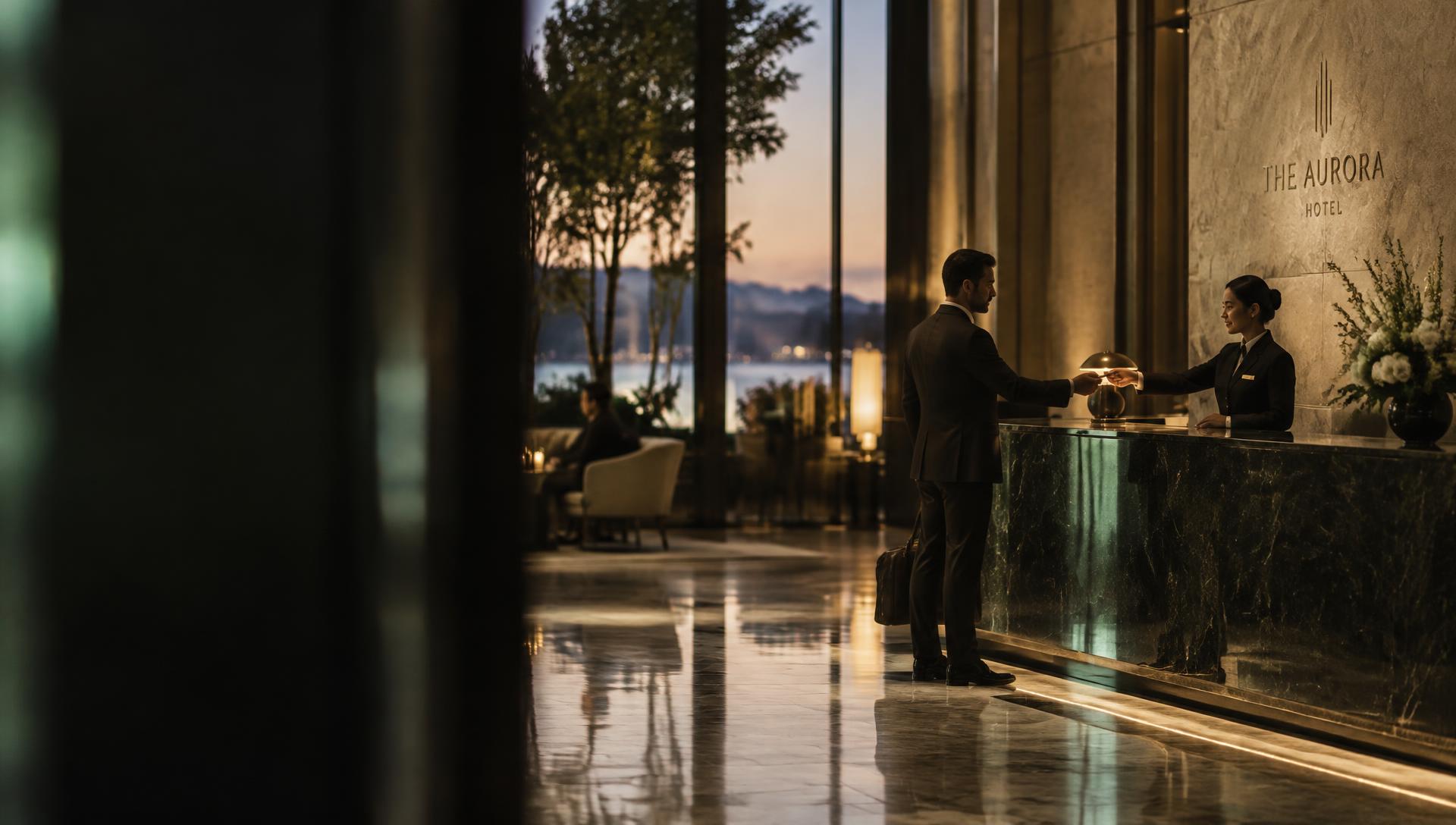 Un client remet sa carte à la réception d'un grand hôtel.
